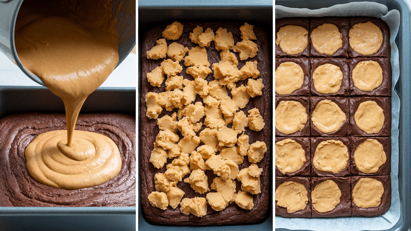 Step-by-step process of layering and baking brookies in a pan.