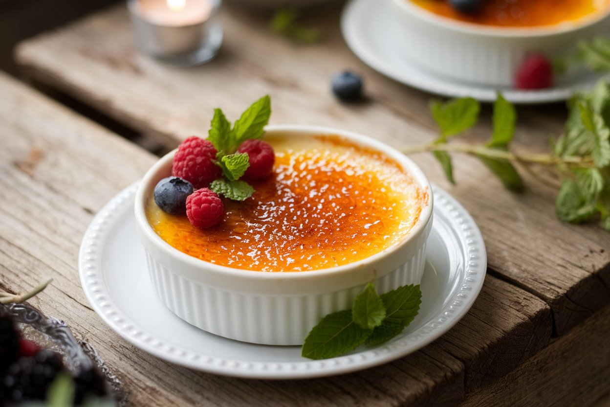 A Classic Crème Brûlée With Berries On A Table.