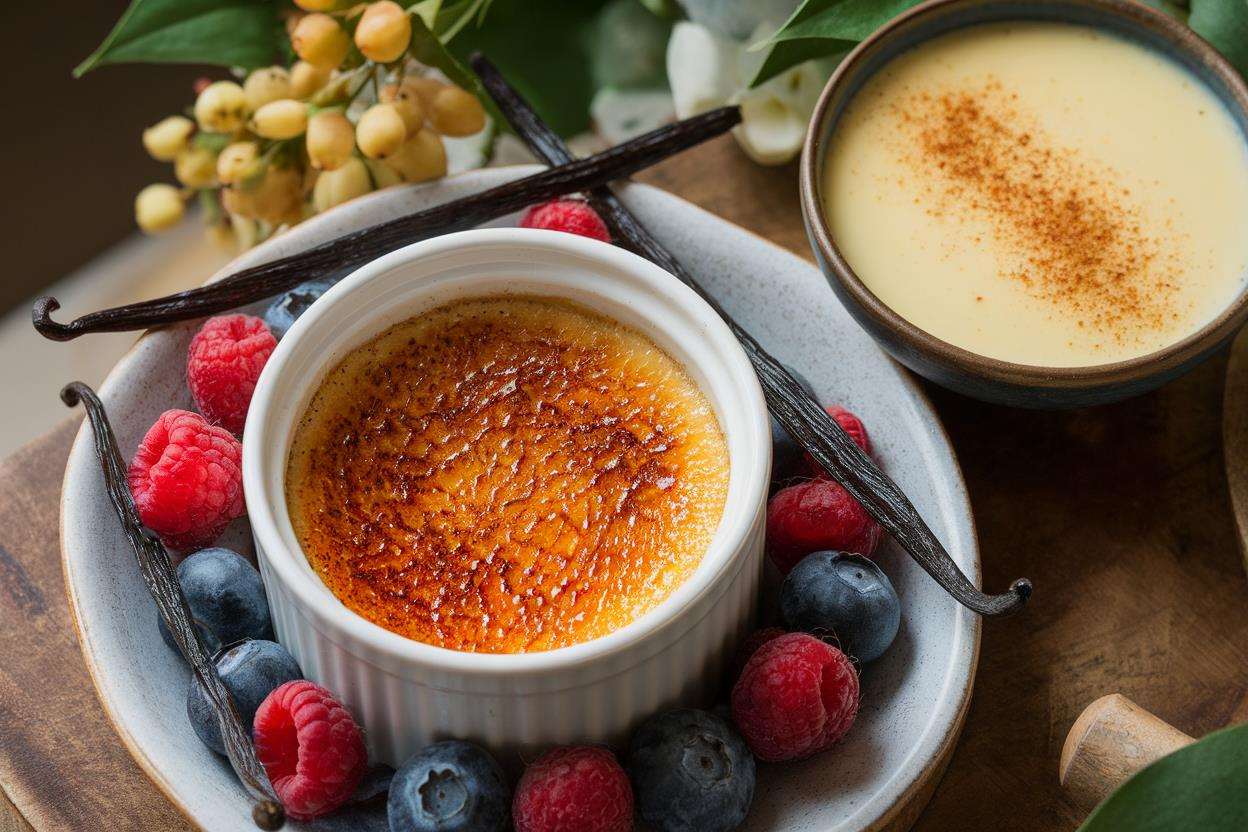 Crème Brûlée And Custard On A Wooden Table With Garnishes.